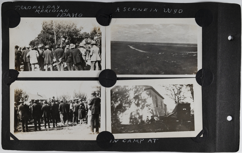 Top left: Group of men and women prepare for Trader's Day in Meridian, Idaho.<br>Top right: Sagebrush covered road in Wyoming.<br>Bottom left: Group of men and women at Trader's Day.<br>Bottom right: Men and women seated next to the auto camper.