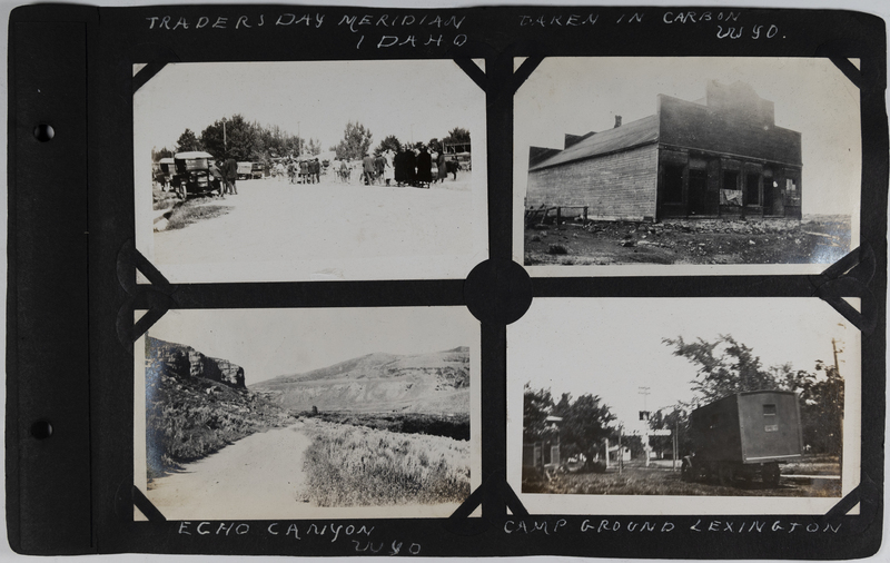 Top left: Group of people gather for Trader's Day in Meridian, Idaho.<br>Top right: Western building in Carbon, Wyoming.<br>Bottom left: Butte and sagebrush view in Echo Canyon, Wyoming.<br>Bottom right: Campground in Lexington