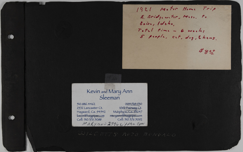 Handwritten note describing the automobile trip and a business card with the names Kevin and Mary Ann Sleeman.