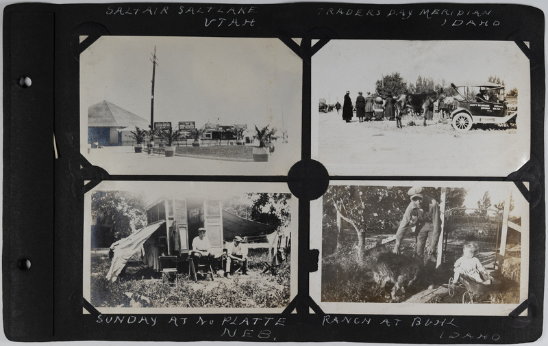 Top left: Saltair picnic area in Salt Lake, Utah.<br>Top right: Trader's Day in Meridian, Idaho.<br>Bottom left: Men sit in front of outfit in No. Platte, Nebraska.<br>Bottom right: Man, child and dog at ranch in Buhl, Idaho.