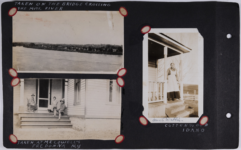 Top left: View of the Mississippi river.<br>Bottom left: Men and woman sit on porch in front of home in Fredonia, New York.<br>Right: Aunt Debbie stands on porch in front of home in Cottonwood, Idaho.