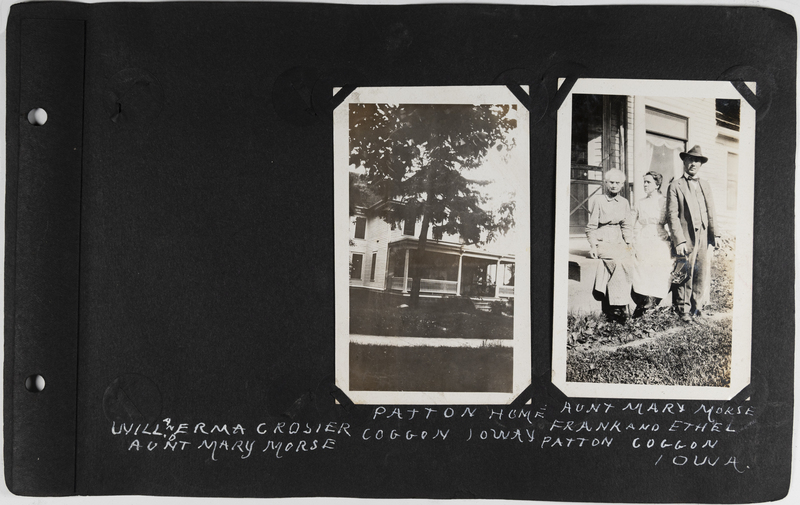 Left: Blank. Center: Patton home in Coggon, Iowa.<br>Right: Aunt Mary Morse, Frank and Ethel Patton stand in front of home in Coggon, Iowa.