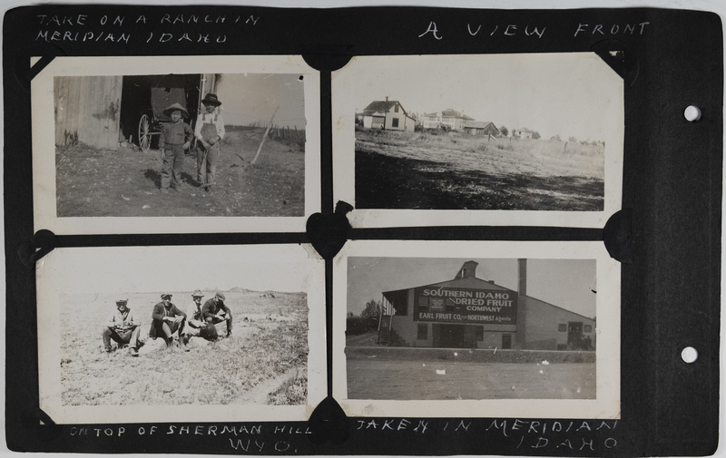 Top left: Two boys stand in front of carriage in Meridian, Idaho.<br>Top right: View of houses in Meridian, Idaho.<br>Bottom left: men sit atop Sherman Hill in Wyoming.<br>Bottom right: Southern Idaho dried fruit company. Meridian, Idaho.