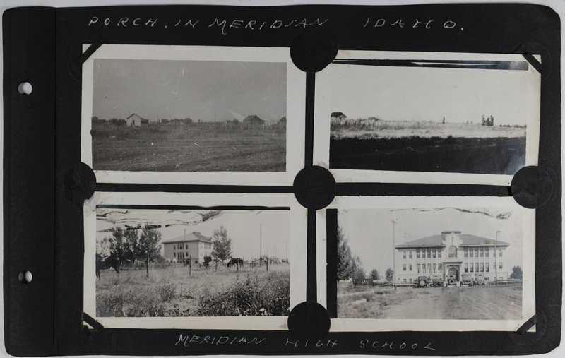 Top left: View of homes.<br>Top right: Sagebrush covered field.<br>Bottom left: Horses in front of Meridian High School.<br>Bottom right: Automobiles in front of Meridian High School.