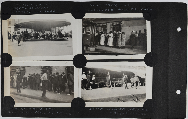 Top left: Children play on the carousel.<br>Top right: Men and women stand in front of the Bughouse building.<br>Bottom left: men and women line up in front of the Bughouse building.<br>Bottom right: Unknown booth.