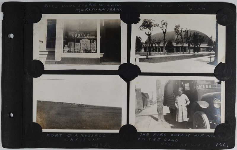 Top left: Rice Drug Store, Meridian, Idaho.<br>Top right: Mormon Tabernacle.<br>Bottom left: Fort D.A. Russell, Cheyenne, Wyoming.<br>Bottom right: Girl in front of another auto bungalow in Bowling Green, Illinois.