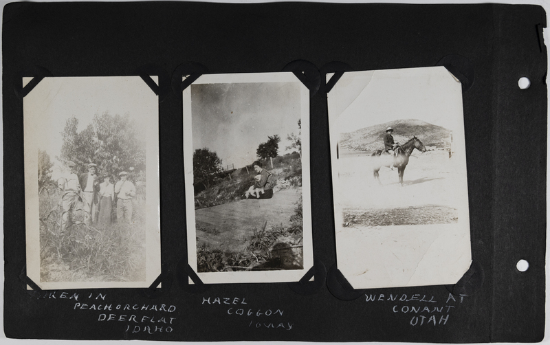 Left: Men and women standing in corn field.<br>Center: Hazel sitting with dog in Coggon, Iowa.<br>Right: Wendell on horseback in Conant, Utah.