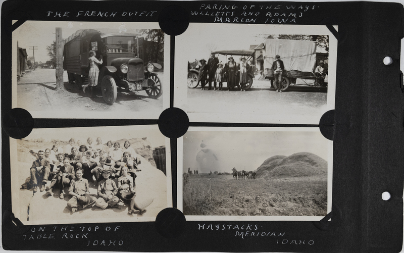 Top left: Woman steps into auto bungalow.<br>Top right: Willetts and Adams families in Marcon, Iowa.<br>Bottom left: Group photo of men, women and children sitting on top of Table Rock, Idaho.<br>Bottom right: Horses stand near haystacks in Meridian, Idaho.