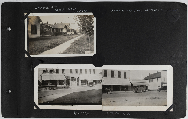 Top left: Houses on State Street in Meridian, Idaho.<br>Top right: Blank. Bottom left: storefront in Kuna, Idaho.<br>Bottom right: Automobiles park in front of store in Kuna, Idaho