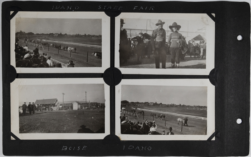 Top left: Fair participants walk cattle around track.<br>Top right: Man and woman in cowboy hats stand behind grandstand.<br>Bottom left: Men stand near fair exhibits.<br>Bottom right: Participants walk horses around track.