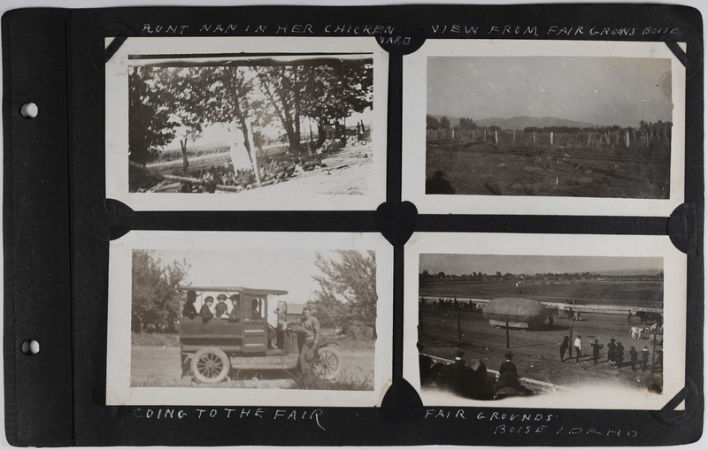 Top left: Aunt Nan standing in her chicken yard.<br>Top right: View of fields from Boise Fairgrounds<br>Bottom left: Group of people head to the fair in an automobile.<br>Bottom right: Fair participants watch as giant potato is paraded around the track.