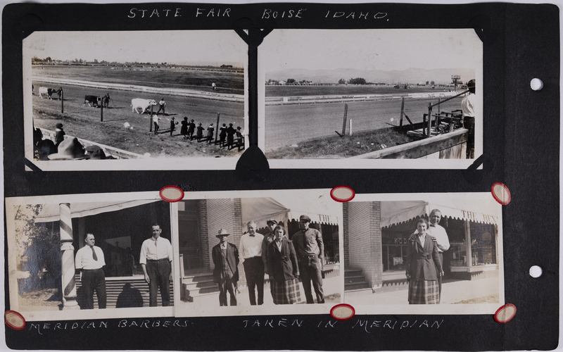 Top left: Participants walk cattle around the track.<br>Top right: View of track.<br>Bottom left: Men stand in front of Meridian barber shop.<br>Bottom center: Group of people stand in front of Meridian storefront.<br>Bottom right: Man and woman stand in front of Meridian storefront.