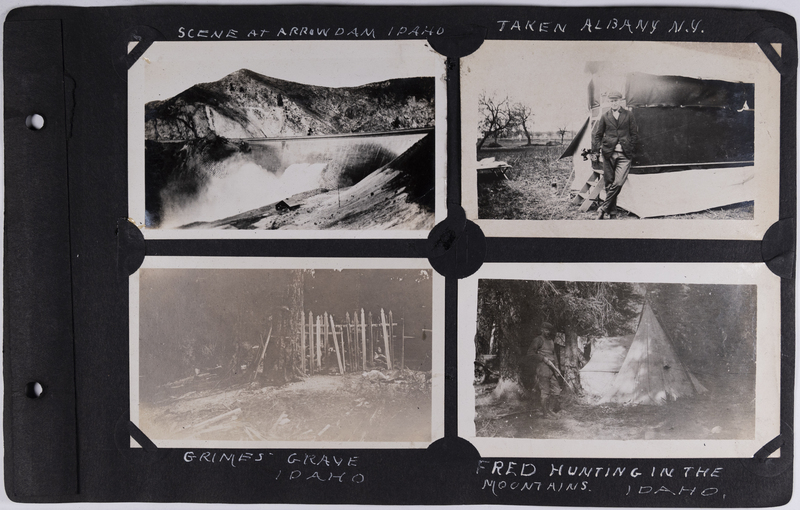 Top left: View of Arrowrock Dam, Idaho.<br>Top right: Man standing in front of tent in Albany, New York.<br>Bottom left: Image of Grimes grave, Idaho.<br>Bottom right: Fred hunting in the mountains of Idaho.