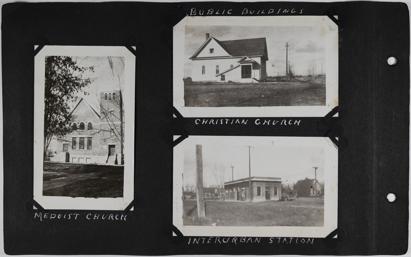 Left: Methodist church.<br>Top right: Christian church.<br>Bottom right: Interurban station.