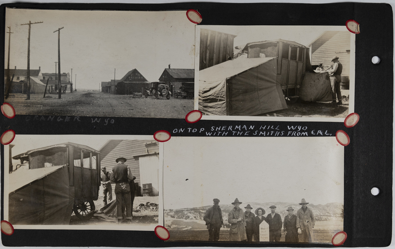 Top left: View of downtown Granger.<br>Top right: Man set up auto bungalow.<br>Bottom left: Men set up auto bungalow.<br>Bottom right: Willett and Smith families stand on top of Sherman Hill, Wyoming. 