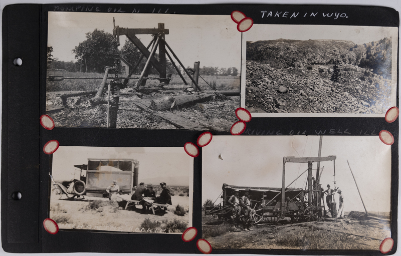 Top left: Oil pumping device in Illinois.<br>Top right: Rocky mountain in Wyoming.<br>Bottom left: Men and woman sit in front of the auto bungalow and eat lunch on the mountain.<br>Bottom right: Another view of the oil pumping rig in Illinois.