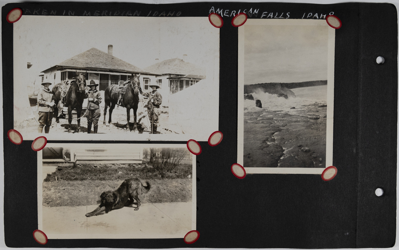 Top left: Image of men and women with their horses in front of a home in Meridian.<br>Top right: View of American Falls, Idaho.<br>Bottom left: Image of dog stretching in front of home.