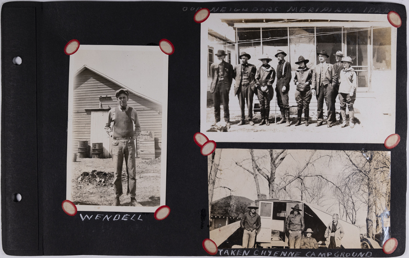 Left: Wendell Fisher stands in front of house.<br>Top right: Willetts family and neighbors in Meridian, Idaho.<br>Bottom right: men and women stand in front of auto bungalow in Cheyenne, Wyoming campground.