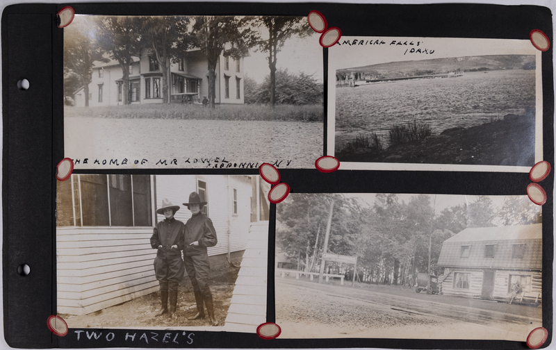 Top left: Man standing in front of Mr. Lowell's home in New York.<br>Top right: View of American Falls, Idaho.<br>Bottom Left: Hazel Willett and Hazel Green stand in front of Meridian house.<br>Bottom right: Log cabin style home with automobile in front of campground.