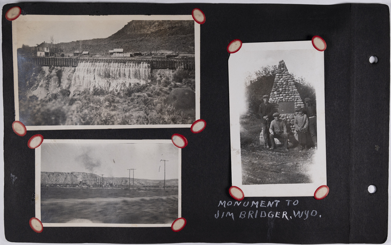 Top left: Image of a dam with homes behind.<br>Right: Four men standing in front of monument to Jim Bridger in Wyoming.<br>Bottom left: View of field and homes in the distance.