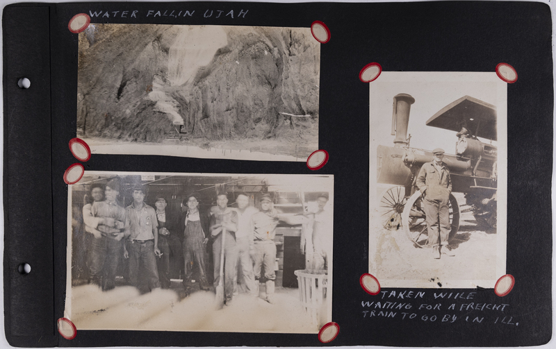 Top left: Waterfall in Utah.<br>Right: Man standing in front of old freight train in Illinois.<br>Bottom left: Group of workers.