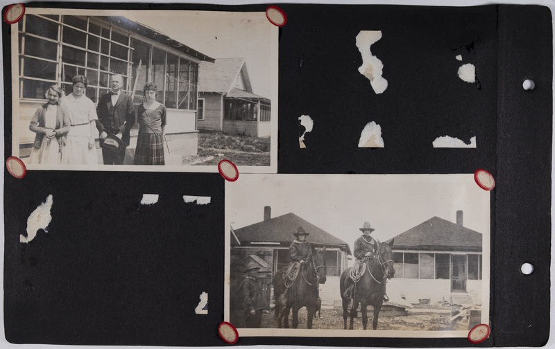 Top left: Men and women stand in front of home.<br>Bottom right: Hazel Willet and Hazel Green on horseback.