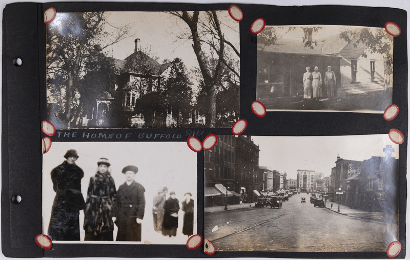 Top left: Buffalo Bill's home.<br>Top right: Two women and a man stand in front of home.<br>Bottom left: Men and women in winter clothing.<br>Bottom right: Street scene - unknown location.