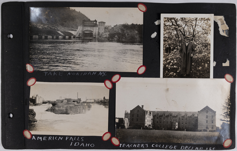 Top left: Image of a dam taken in Northern New York.<br>Top right: Gerald beside a Japanese Cherry tree in Washington, DC. April 1937.<br>Bottom left: Dam in American Falls, Idaho.<br>Bottom right: Teacher's College.