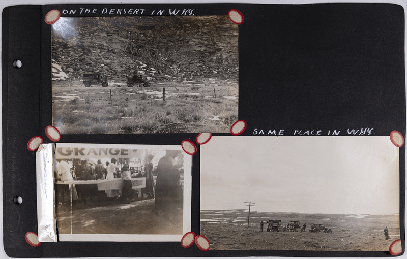 Top: Automobile and auto bungalow travel through the Wyoming desert.<br>Bottom left: Women working in Grange booth. Automobiles and auto bungalow traveling through the Wyoming desert.