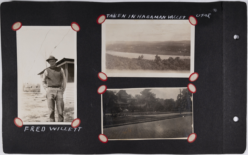 Left: Fred Willett standing in front of home.<br>Top right: River view of Hagerman Valley, Idaho.<br>Bottom right: Large home - unknown location.