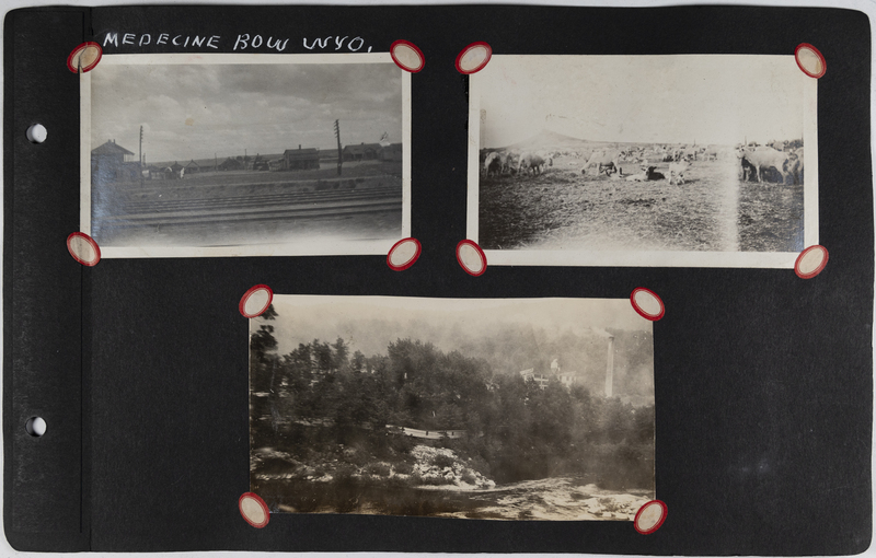 Top left: Railroad tracks in Medicine Bow, Wyoming.<br>Top right: Herd of sheep.<br>Bottom: River with smokestack and buildings in background.