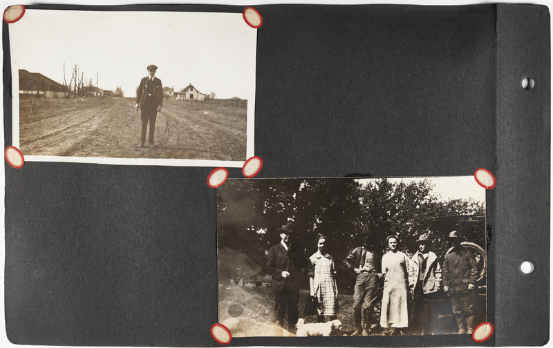 Top left: Man stands on street [possibly Meridian, Idaho].<br>Bottom right: Willett family and dog pose for photo.