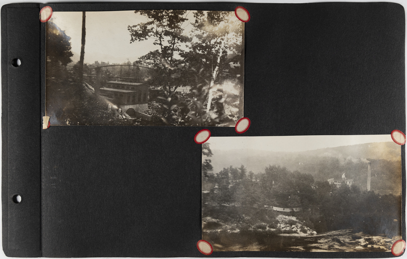 Top left: Bridge and dam on tree-lined river.<br>Bottom right: River with smokestack in background.