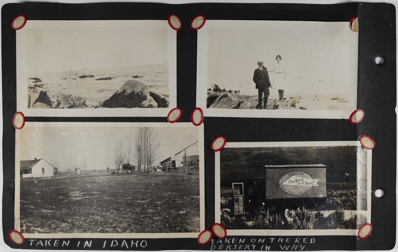 Top left: Women standing on (what appears to be) a beach.<br>Top right: Man and woman stand on rock outcropping.<br>Bottom left: farm in Idaho.<br>Bottom right: Truck in Red Desert, Wyoming.  Graphic on truck reads "The Lord is at Hand - Rural Gospel Car Service."