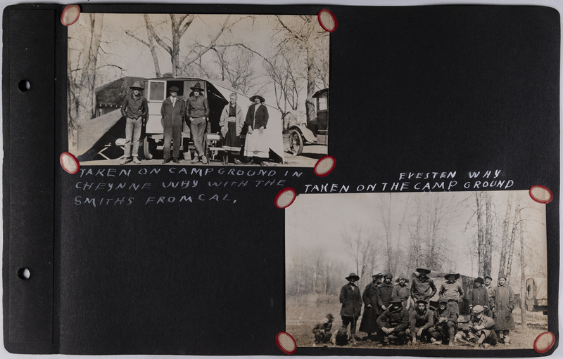 Top left: Willett and Smith families pose for photo in front of the auto bungalow in Cheyenne, Wyoming.<br>Bottom right: Families pose at the campground in Evanston, Wyoming.