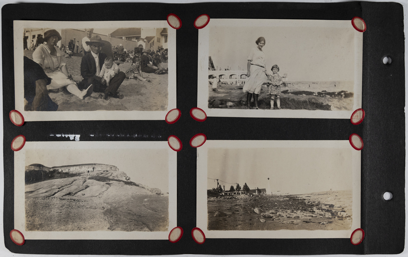 Top left: Men, women and children enjoy a day at the beach.<br>Top right: woman and child pose on shorefront.<br>Bottom left: Men climb rock outcropping.<br>Bottom right: Rocky coastline.