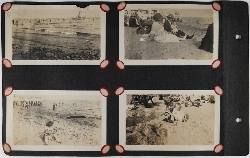 Top left: Beachgoers enjoying the ocean.<br>Top right: Man, woman and baby relax on the sand.<br>Bottom left: Child plays on sandy beach.<br>Bottom right: Child plays with baby on sandy beach.