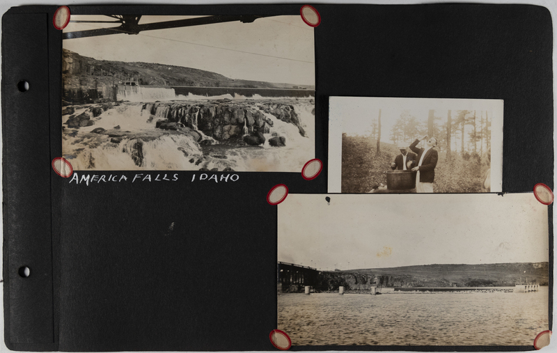 Top left: Image of water spilling over dam, American Falls, Idaho.<br>Top right: Two men washing up.<br>Bottom right: River with hills in background.