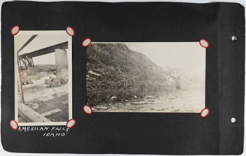 Left: Dam spillway - American Falls, Idaho.<br>Right: Woman stands near hill.