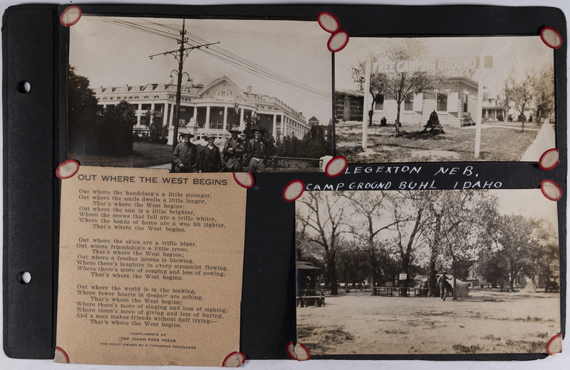 Top left: Men and woman stand in front of large building (hotel?), unknown location.<br>Top right: Free campground in Lexington, Nebraska.<br>Bottom left: Poem titled "Out Where the West Begins."<br>Bottom right: Campground in Buhl, Idaho.