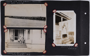 Top left: View of the Mississippi river.<br>Bottom left: Men and woman sit on porch in front of home in Fredonia, New York.<br>Right: Aunt Debbie stands on porch in front of home in Cottonwood, Idaho.