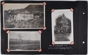 Top left: Image of a dam with homes behind.<br>Right: Four men standing in front of monument to Jim Bridger in Wyoming.<br>Bottom left: View of field and homes in the distance.
